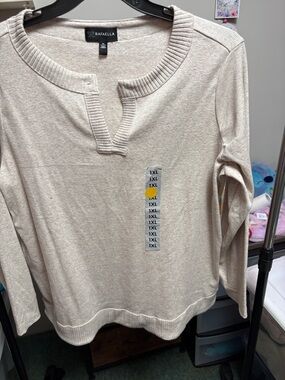 Rafaella Split-Notch Long Sleeve Knit Top in Light Beige